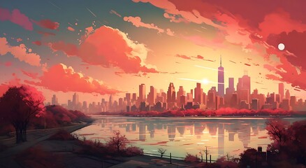 Cityscape Sunset with Autumn Colors.