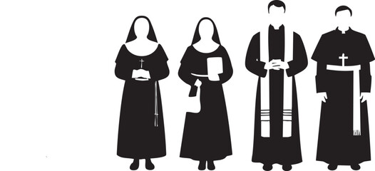 Four religious figures in traditional black attire two women in habits and two men as priests