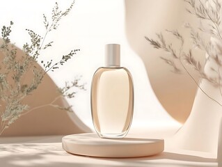 Beige perfume bottle with minimal scene.