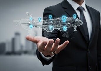 A businessman presents a digital airplane with location markers, symbolizing global travel.