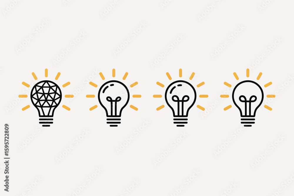 Aufkleber four light bulbs in a row with one bulb having a different design and yellow rays emanating from the