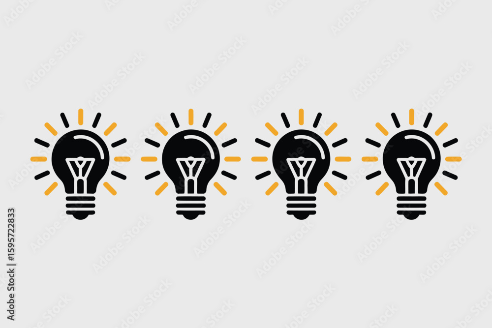 Poster a row of four black lightbulbs with yellow and black rays emanating from them on a light background