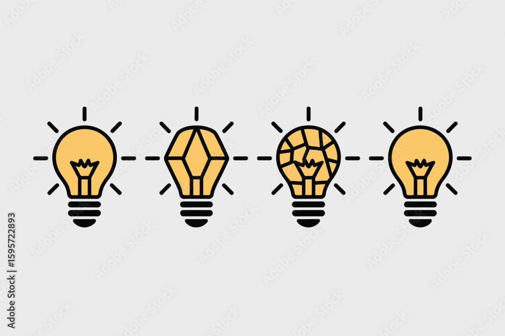 Poster a row of four lightbulbs with different designs connected by dashed lines on a light gray background