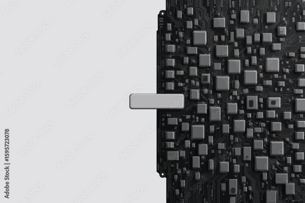 Poster a close up view of a dark circuit board with many small square components and a grey rectangle shape