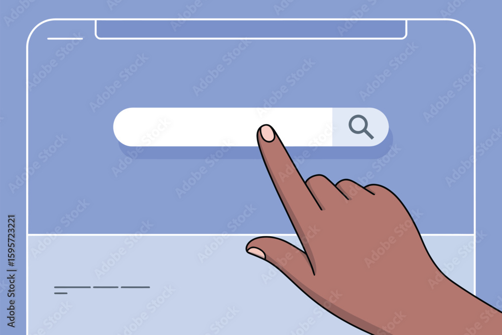 Fototapete a hand points to a search bar on a simple computer screen with a light blue background and white lin