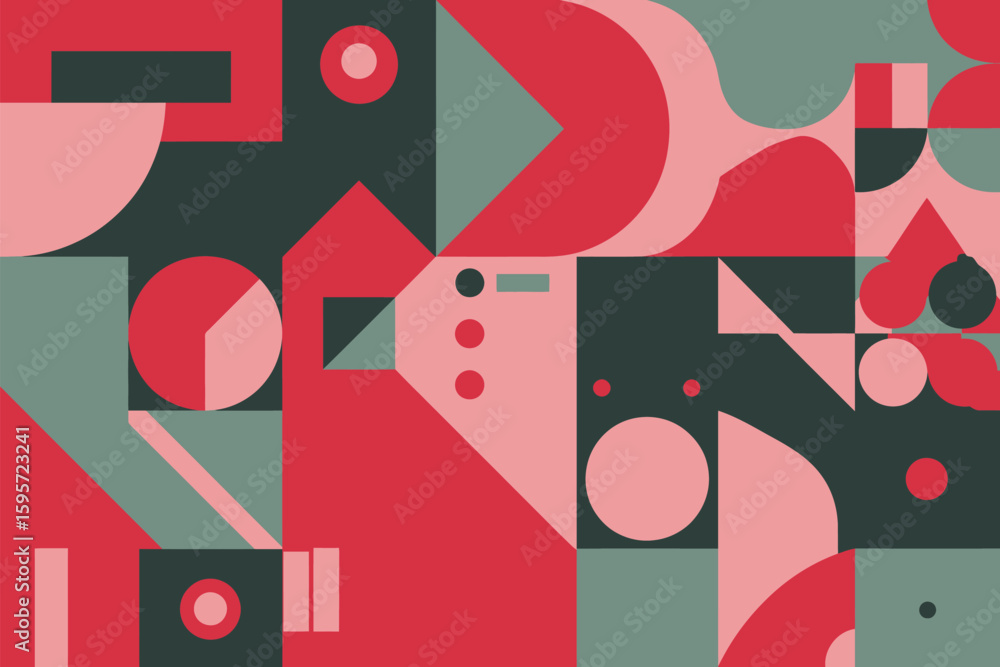 Poster abstract geometric pattern featuring circles triangles squares and rectangles in red green and pink 