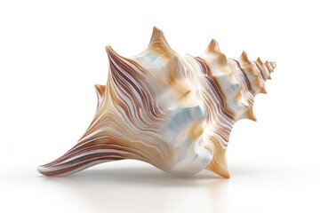 A seashell with layered brown and beige patterns set against a white background