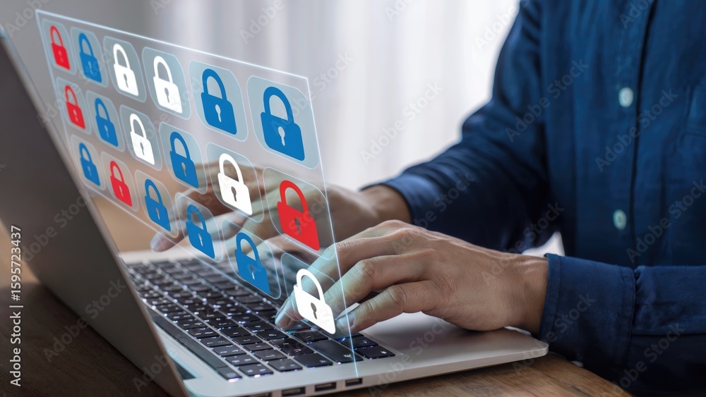 Aufkleber laptop user managing online security with digital lock icons for data protection and access control