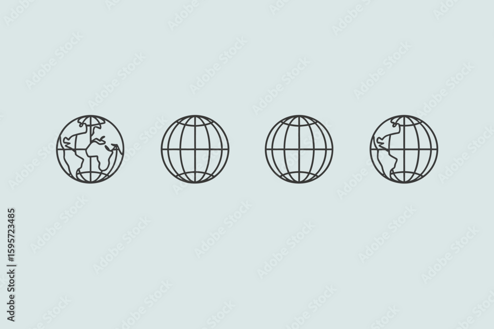 Poster four globe icons in a row on a light blue background showing different views of the world map outlin