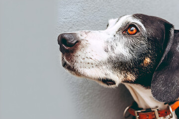 Close-up portrait of an older black and white dog with expressive eyes and grey fur

