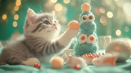 Chubby cats decorating mini Christmas tree with yarn balls and sushi ornaments on wasabi green background, soft pastel lighting. Cute charm illustration for holiday cards, digital art, or festive deco