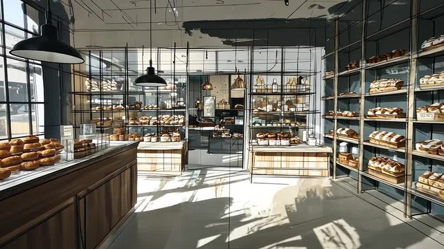 Interior of a bakery. Sunlight streams through windows, illuminating shelves filled with baked goods