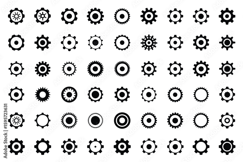 Poster a collection of black and white gear icons arranged in a grid pattern on a white background showing 