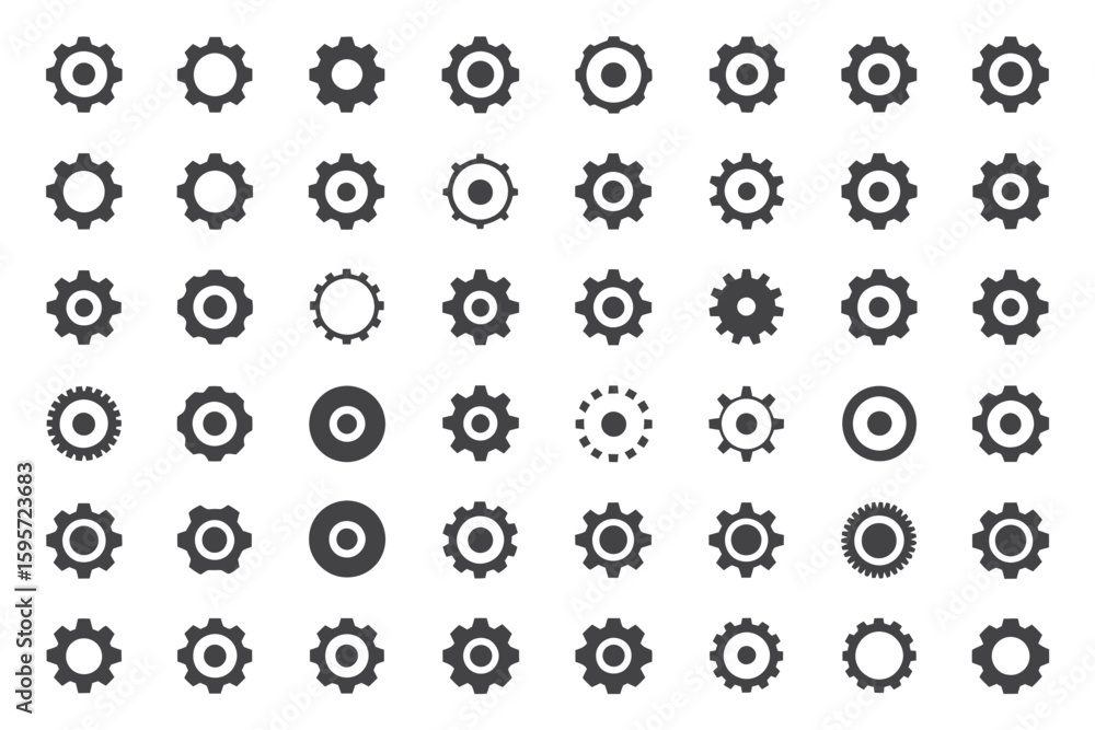 Poster a collection of various gear icons arranged in a grid pattern on a white background and various styl