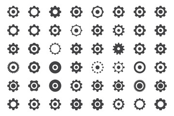 A collection of various gear icons arranged in a grid pattern on a white background and various styles