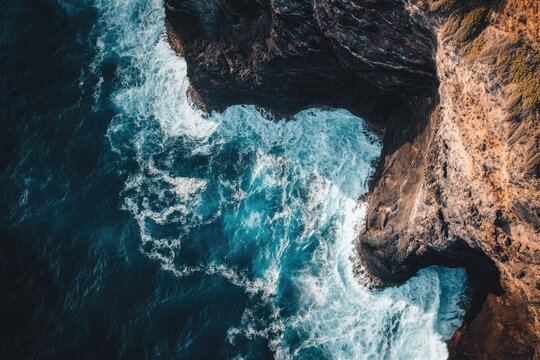 Aerial view of turquoise waves crashing on Tamri's rocky coast, glowing at sunset with orange hues.