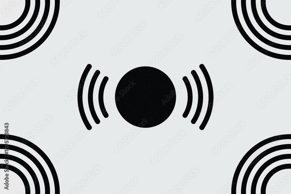Poster a simple graphic design featuring a black circle with sound waves and quarter circles on a gray back