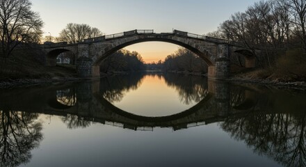 Fototapeta premium Stunning Reflection of an Elegant Stone Bridge at Dawn Surrounded by Trees and Calm Waters