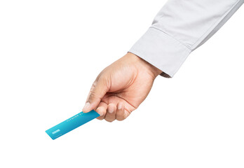 Businessman hand holding credit card on isolated white background.