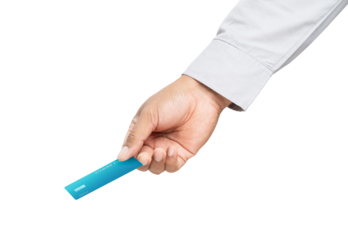 Businessman hand holding credit card on isolated white background.