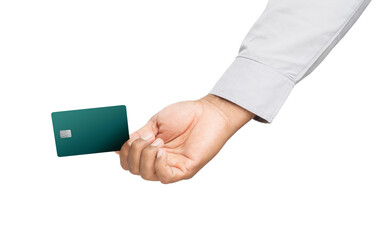 Businessman hand holding credit card on isolated white background.