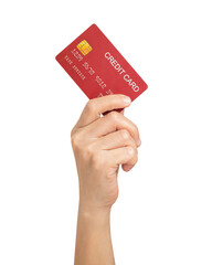 Hand holding credit card on isolated background.