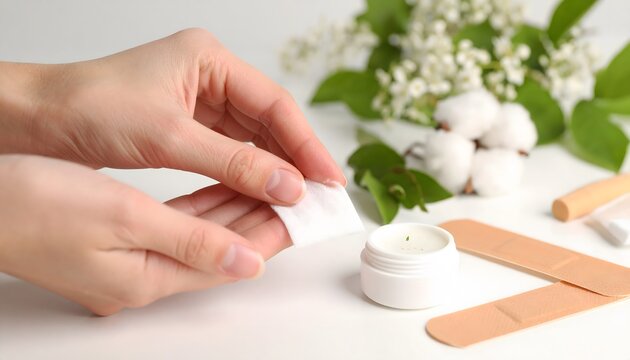 Applying Herbal Balm to Wound with Cotton and Adhesive Nearby
