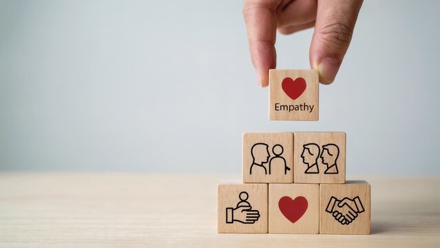 Hand placing empathy block atop a tower of blocks showing relationships and support concept