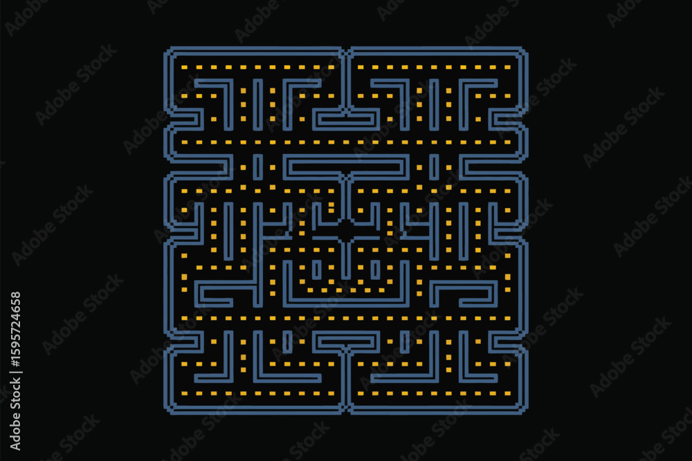 Poster a symmetrical maze pattern with blue walls and yellow dots on a black background in pixelated style