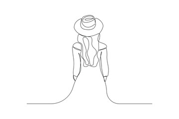 Woman wearing summer hat back view continuous line art drawing. Vector illustration.