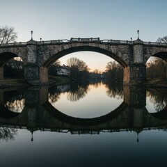 Fototapeta premium Stunning Reflections: A Majestic Historic Bridge at Dawn Mirrored by Calm Waters