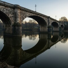 Fototapeta premium Serene Sunset Over Historical Bridge Reflected in Calm Waters of the River