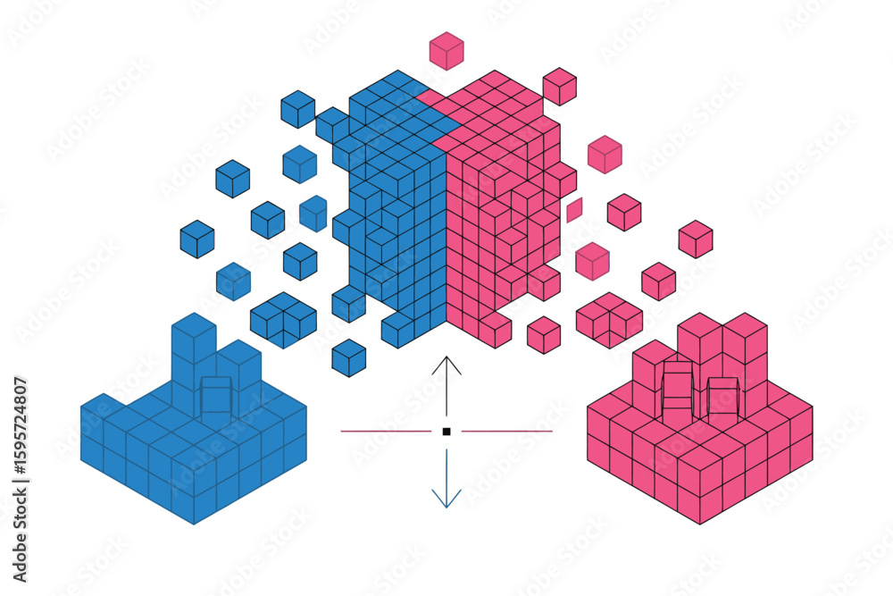 Poster isometric illustration of a cube structure splitting into blue and pink sections with floating cubes