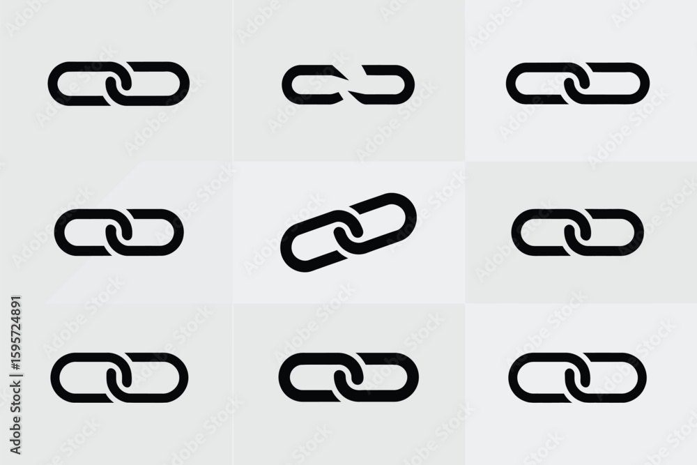 Poster a set of nine black chain link icons arranged in a grid pattern on a light gray background plain des