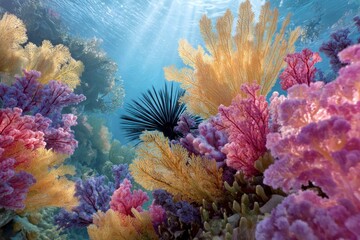 Underwater scene with colorful corals sea urchin and sun rays piercing through the surface
