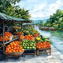 Tropical riverfront fruit market with fresh produce and boats.