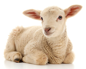 Naklejka premium A small white lamb lying down on a white background with its ears sticking up and looking at the camera
