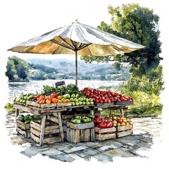 Fresh Produce Stand by the Water under a Sunny Day.