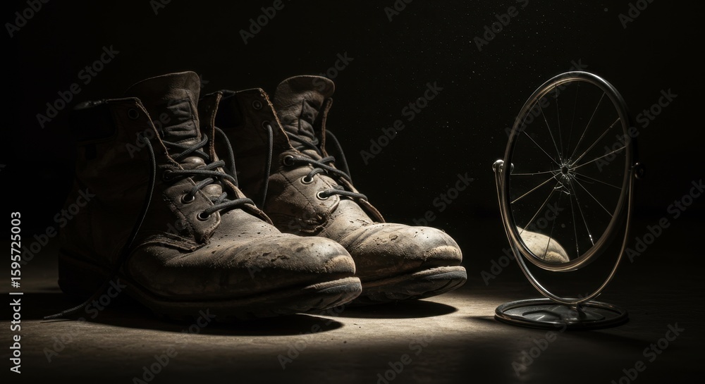 Poster exploring life's journey through worn boots and reflections in a spotlight creating intriguing visua