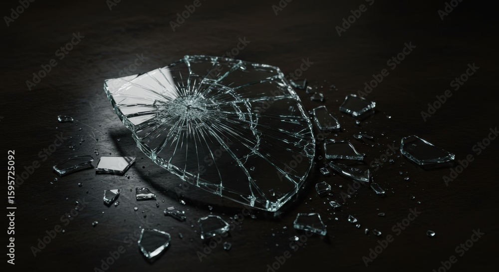 Poster a dramatic close-up of shattered glass displaying the fragility of objects and life