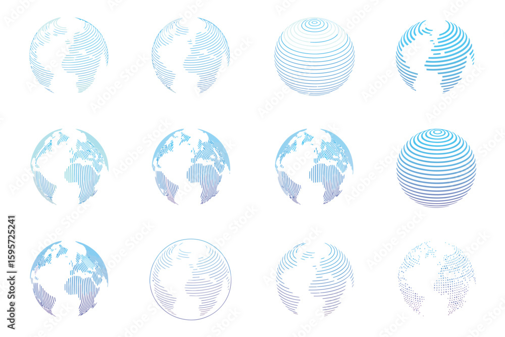 Poster a grid of twelve stylized globe illustrations with varying line patterns on a white background plane