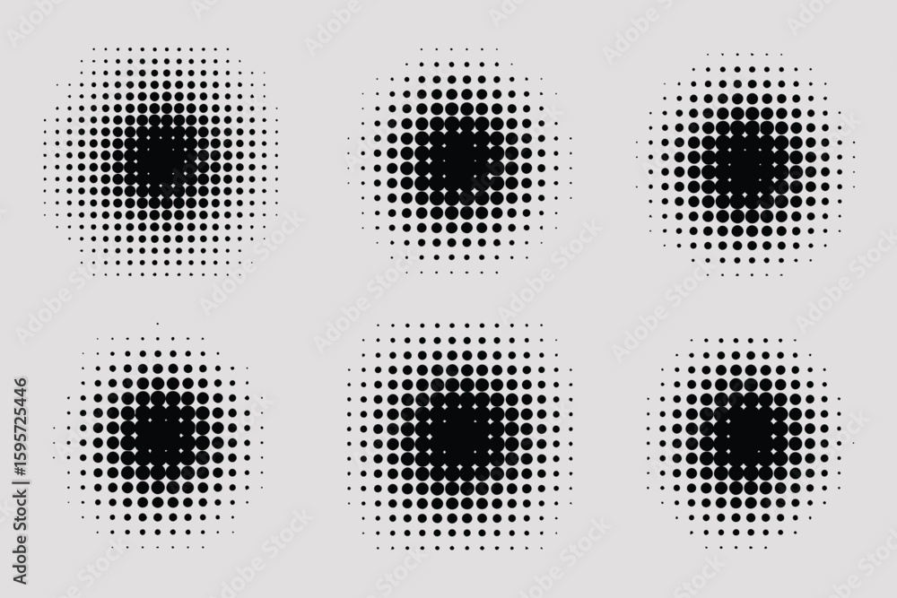 Poster six halftone patterns arranged in a grid formation on a light gray background with varying dot densi