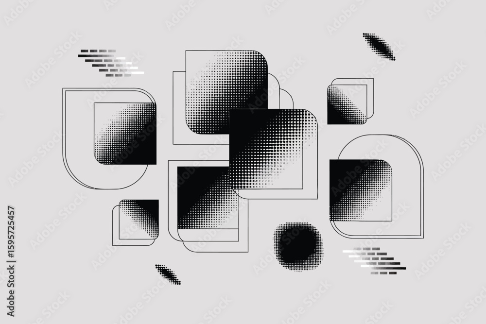 Poster geometric shapes with halftone gradient and rounded corners on a light gray background design layout