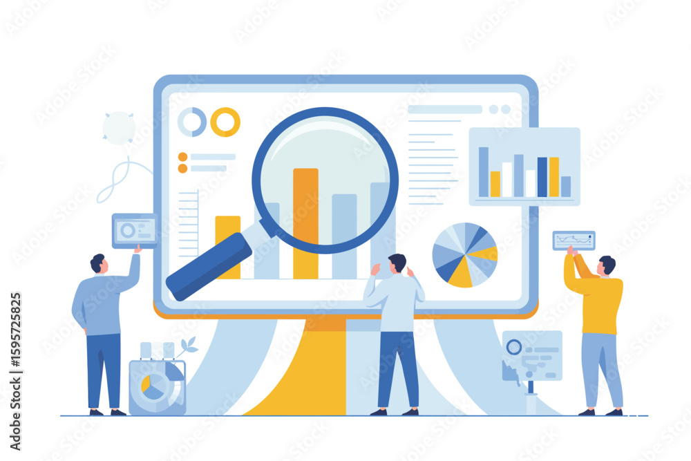 Poster three people analyzing data on a large screen with charts and a magnifying glass for detailed analys