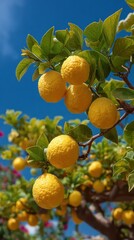 Sun Kissed Ripe Lemons Hanging from a Lush Tree Branch Against a Vibrant Blue Sky