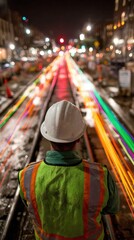 Night Shift on the Rails, A worker in a hard hat watches vibrant light trails illuminate city tracks.