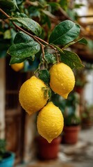 Ripe yellow lemons covered in fresh raindrops hanging from a tree branch in a garden