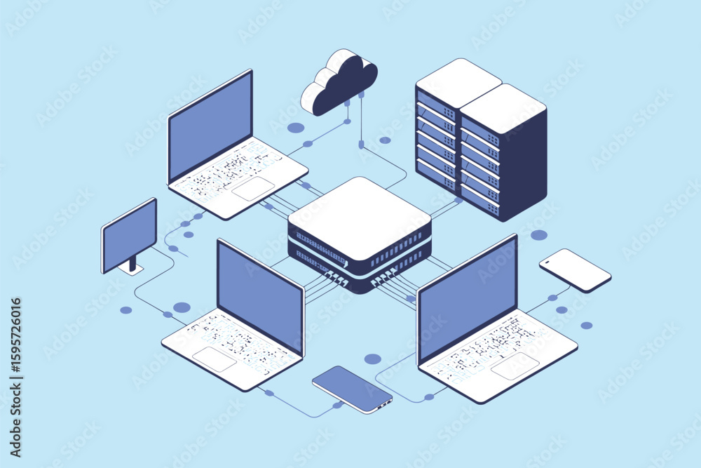 Poster isometric illustration of a network with laptops server cloud and mobile devices connected to a rout