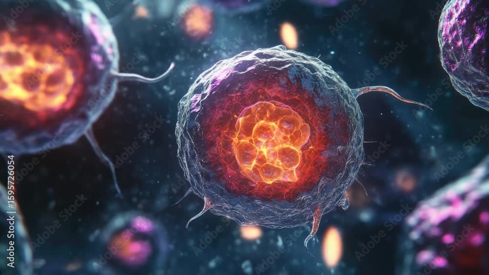 Poster abstract microscopic view of vibrant cells with glowing details in a dark background illustrating th