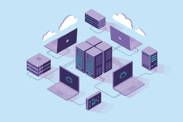 Obraz premium Isometric illustration of a cloud network with servers laptops and data connections in light blue